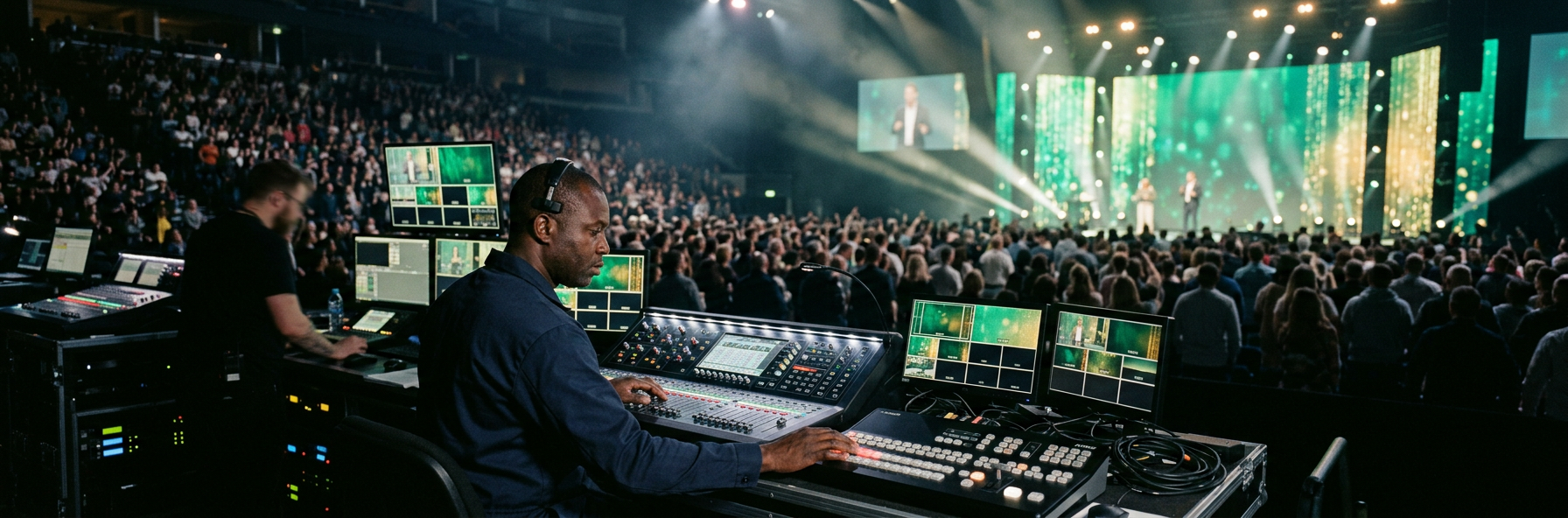 Generated image: a technician at the sound and video control position, facing a lit stage with a large LED wall