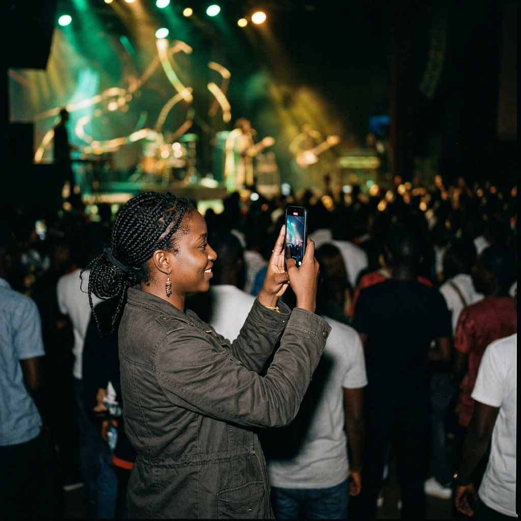 Generated image: a woman filming a stage with her phone for social content