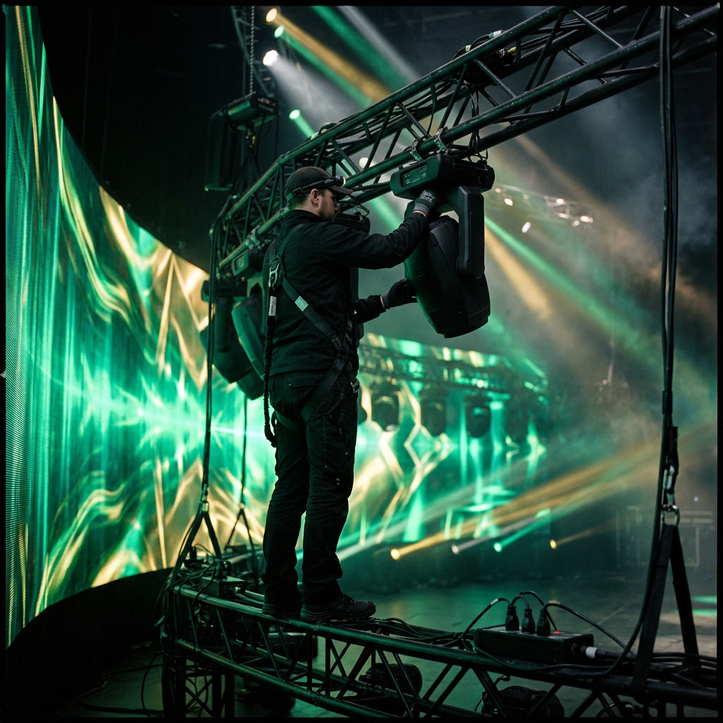 Generated image: a technician rigging stage lights in front of a curved LED screen