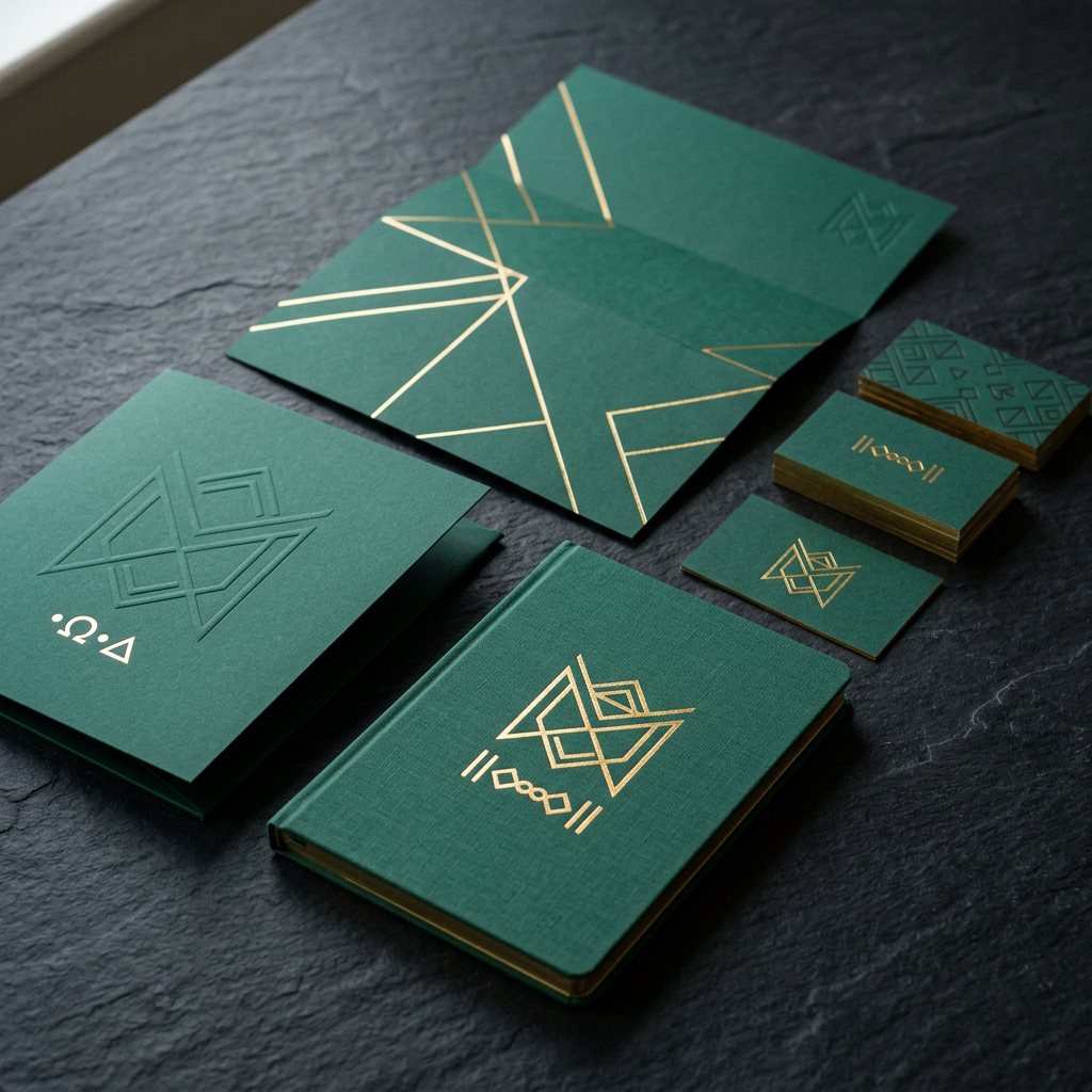 Generated image: a stationery set in deep green and gold foil carrying an abstract brand mark